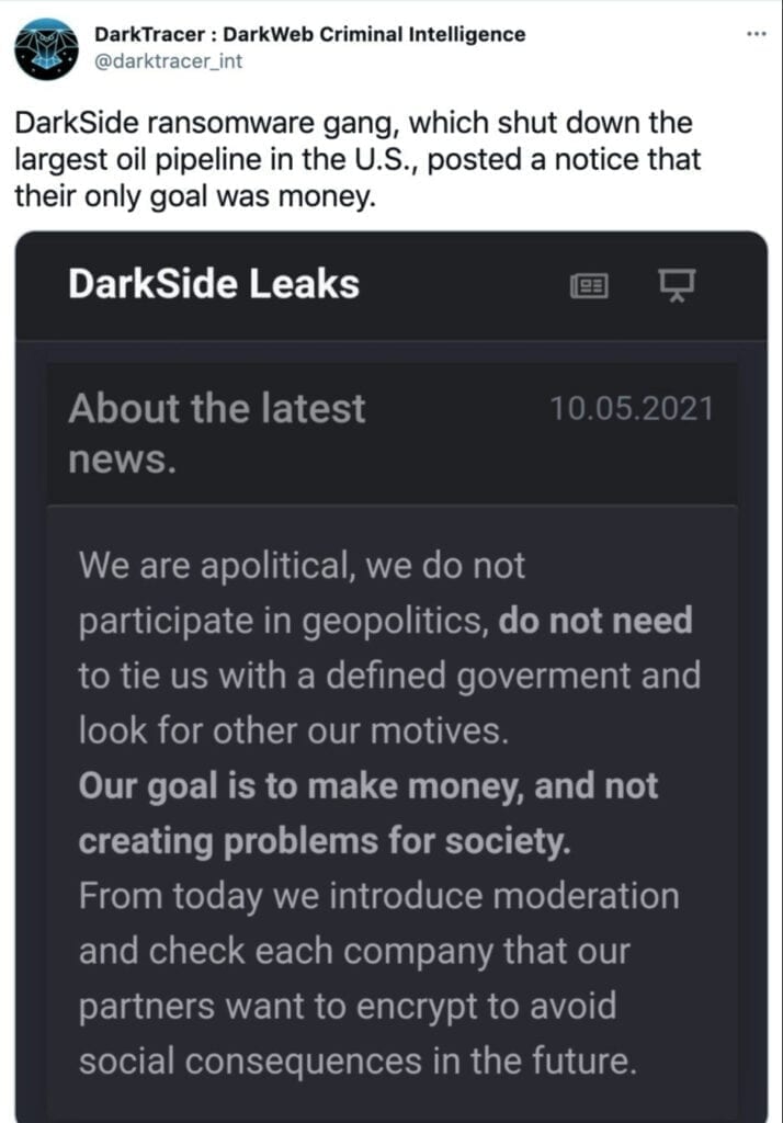 Screenshot of a Darkside ransomware